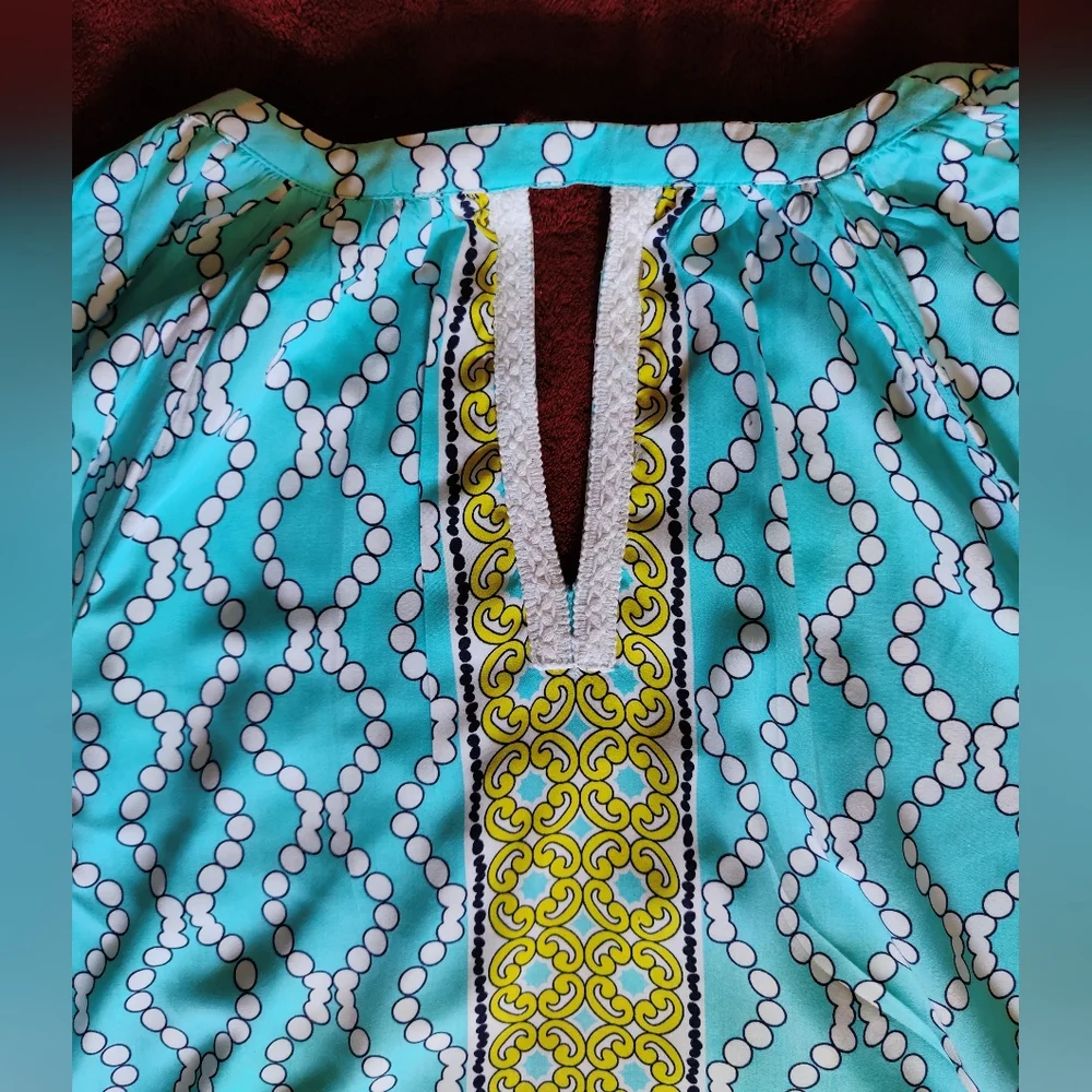 Crown & Ivy Petite Med Women's Casual Smock Top Aqua Mint Green Crochet Trim - Picture 5 of 10